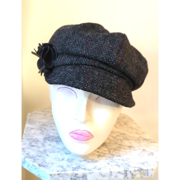 MUCROS Weavers Newsboy Wool Hat Charcoal Red Herringbone Flower Ireland Chicness - Picture 2 of 8